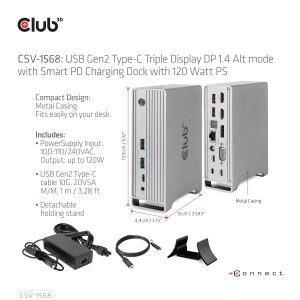 CLUB3D USB Gen2 Type-C Triple Display DP Alt mode Displaylink Dynamic PD Charging Dock met 120 Watt PS