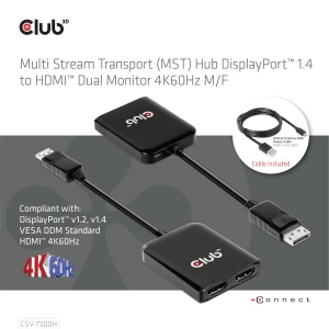 CLUB3D Multi Stream Transport (MST) Hub DisplayPort 1.4 to HDMI Dual Monitor 4K60Hz M/F
