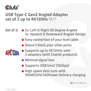 CLUB3D USB Type-C Gen2 Angled Adapter set van 2 - 4K120Hz M/V