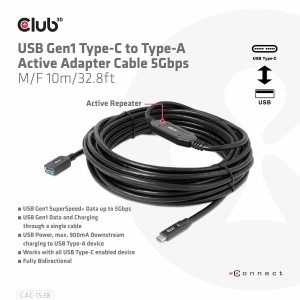 CLUB3D USB Gen1 Type-C to Type-A Active Adapter Cable 5Gbps M/F 10m/32.8ft