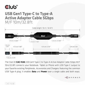 CLUB3D USB Gen1 Type-C to Type-A Active Adapter Cable 5Gbps M/F 10m/32.8ft