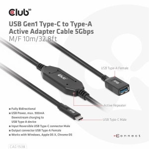 CLUB3D USB Gen1 Type-C to Type-A Active Adapter Cable 5Gbps M/F 10m/32.8ft