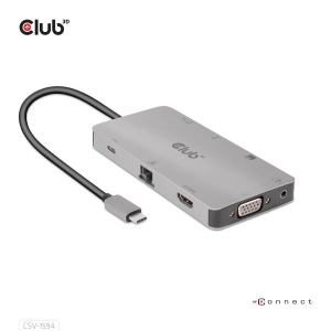 CLUB3D Type-C 9-in-1 hub with HDMI, VGA, 2x USB Gen1 Type-A,RJ45,SD/Micro SD card slots and USB Type-C oplaad mogelijkheid tot m