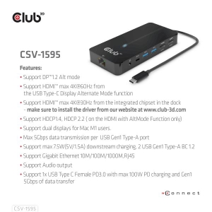 CLUB3D Type-C 7-in-1 hub met 2x HDMI, 2x USB Gen1 Type-A, 1x RJ45, 1x 3.5mm Audio,1x USB Gen1 Type-C 100W Silicon motion chip ge
