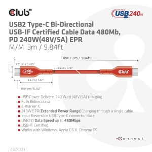 CLUB3D USB2 Type-C Bi-Directional USB-IF Certified Cable Data 480Mb, PD 240W(48V/5A) EPR M/M 3m / 9.84 ft