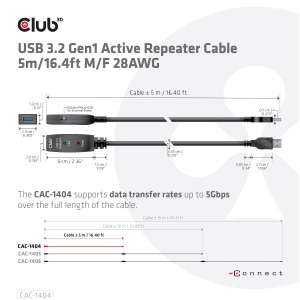 CLUB3D USB 3.2 Gen1 Active Repeater Cable 5m/ 16.4 ft M/F 28AWG