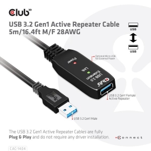 CLUB3D USB 3.2 Gen1 Active Repeater Cable 5m/ 16.4 ft M/F 28AWG