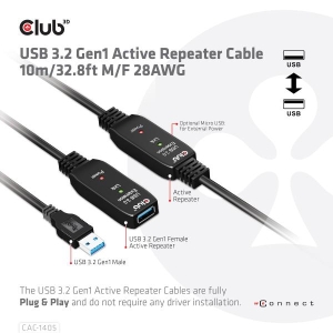 CLUB3D USB 3.2 Gen1 Active Repeater Cable 10m / 32.8ft M/F 28AWG