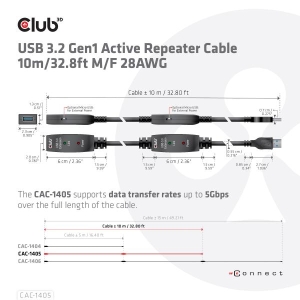 CLUB3D USB 3.2 Gen1 Active Repeater Cable 10m / 32.8ft M/F 28AWG