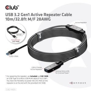 CLUB3D USB 3.2 Gen1 Active Repeater Cable 10m / 32.8ft M/F 28AWG