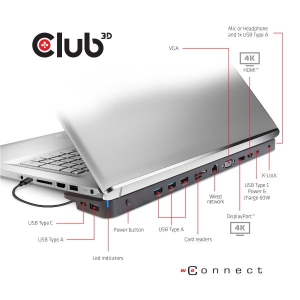 CLUB3D UNIVERSEEL Docking station USB Type C 3.2 Gen1 Triple Display Dynamic PD oplaad 100W PD Power charger *Geschikt voor zwaa