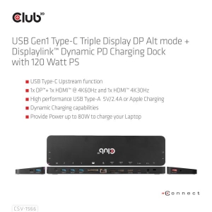 CLUB3D USB Gen1 Type-C Triple Display DP Alt mode Displaylink Dynamic PD Charging Dock met 120 Watt PS *Geschikt voor zwaardere 