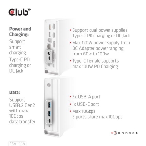 CLUB3D USB Gen2 Type-C Triple Display DP Alt mode Displaylink Dynamic PD Charging Dock met 120 Watt PS