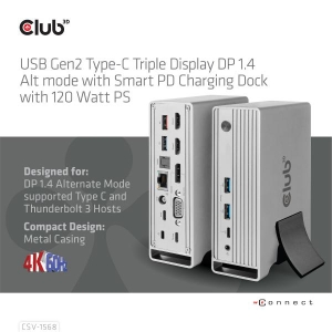 CLUB3D USB Gen2 Type-C Triple Display DP Alt mode Displaylink Dynamic PD Charging Dock met 120 Watt PS