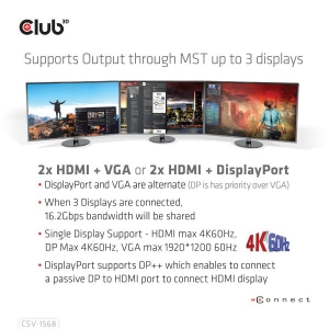 CLUB3D USB Gen2 Type-C Triple Display DP Alt mode Displaylink Dynamic PD Charging Dock met 120 Watt PS