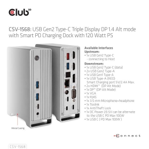 CLUB3D USB Gen2 Type-C Triple Display DP Alt mode Displaylink Dynamic PD Charging Dock met 120 Watt PS