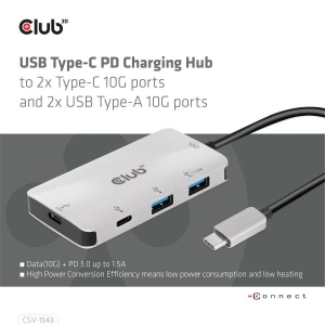 CLUB3D USB Gen2 Type-C PD Charging Hub to 2x Type-C 10G ports and 2x USB Type-A 10G ports