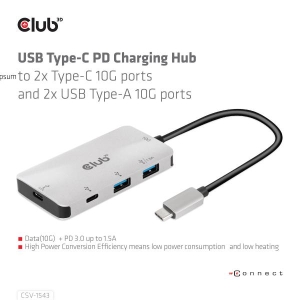 CLUB3D USB Gen2 Type-C PD Charging Hub to 2x Type-C 10G ports and 2x USB Type-A 10G ports