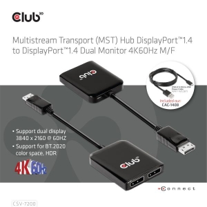 CLUB3D Multistream Transport (MST) Hub DisplayPort™1.4 naar DisplayPort™1.4 Dual Monitor 4K60Hz M/V