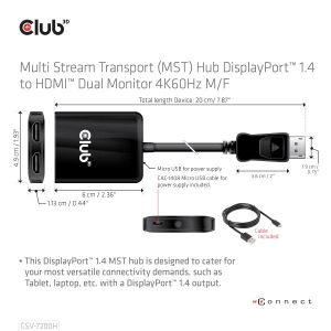 CLUB3D Multi Stream Transport (MST) Hub DisplayPort 1.4 to HDMI Dual Monitor 4K60Hz M/F