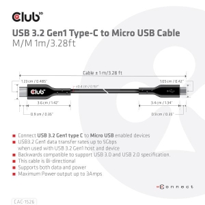 CLUB3D USB 3.2 Gen1 Type-C to Micro USB Cable M/M 1m /3.28ft