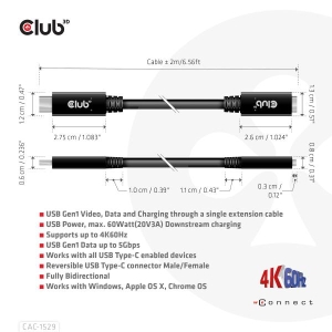 CLUB3D USB Gen1 Type-C Extensie kabel 5Gbps 60W(20V/3A) 4K60Hz M/F 2m/6.56ft