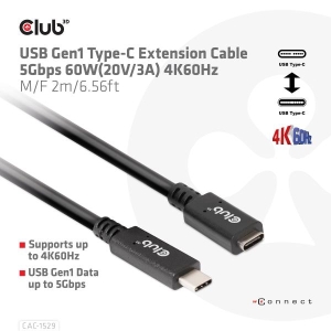 CLUB3D USB Gen1 Type-C Extensie kabel 5Gbps 60W(20V/3A) 4K60Hz M/F 2m/6.56ft