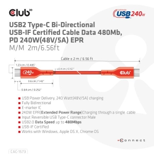 CLUB3D USB2 Type-C Bi-Directional Cable, Data 480Mb,PD 240W(48V/5A) EPR M/M 2m USB IF GECERTIFICEERD