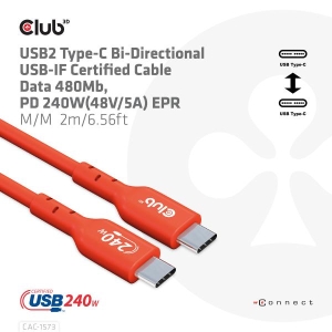 CLUB3D USB2 Type-C Bi-Directional Cable, Data 480Mb,PD 240W(48V/5A) EPR M/M 2m USB IF GECERTIFICEERD