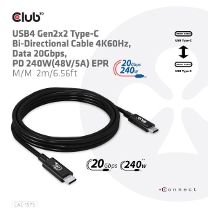 CLUB3D USB4 Gen2x2 Type-C Bi-Directional Cable 4K60Hz, Data 20Gbps, PD 240W(48V/5A) EPR M/M 2m USB IF GECERTIFCIEERD