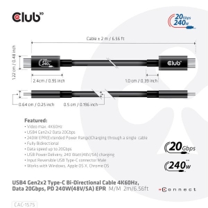 CLUB3D USB4 Gen2x2 Type-C Bi-Directional Cable 4K60Hz, Data 20Gbps, PD 240W(48V/5A) EPR M/M 2m USB IF GECERTIFCIEERD