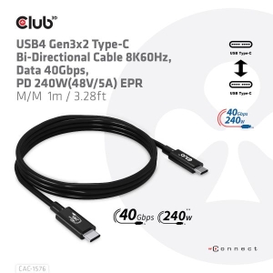 CLUB3D USB4 Gen3x2 Type-C Bi-Directional Cable 8K60Hz, Data 40Gbps, PD 240W(48V/5A) EPR M/M 1m USB IF GECERTIFICEERD