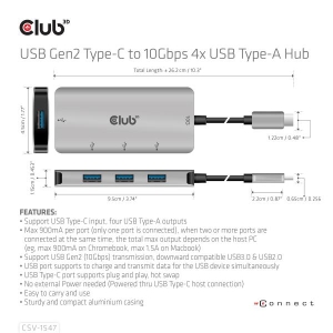 CLUB3D USB Gen2 Type-C to 10Gbps 4x USB Type-A Hub