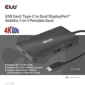 CLUB3D USB Gen2 Type-C to Dual DisplayPort 4k60Hz 7-in-1 HUB - 2x Displayport