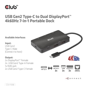 CLUB3D USB Gen2 Type-C to Dual DisplayPort 4k60Hz 7-in-1 HUB - 2x Displayport