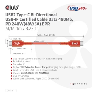 CLUB3D USB2 Type-C Bi-Directional USB-IF Certified Cable Data 480Mb, PD 240W(48V/5A) EPR M/M 1m / 3.23 ft