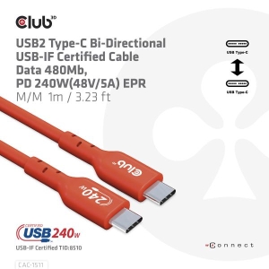 CLUB3D USB2 Type-C Bi-Directional USB-IF Certified Cable Data 480Mb, PD 240W(48V/5A) EPR M/M 1m / 3.23 ft