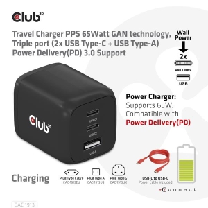 CLUB3D CAC-1913EU Travel Charger 65W GaN