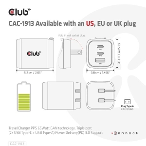 CLUB3D CAC-1913EU Travel Charger 65W GaN
