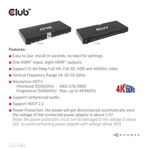 CLUB3D 1 to 8 HDMI™ Splitter Full 3D and 4K60Hz(600MHz)