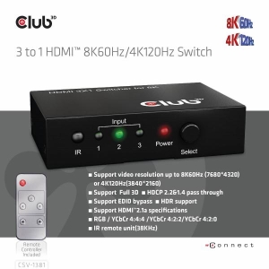 CLUB3D 3 to 1 HDMI™ 8K60Hz/4K120Hz Switch