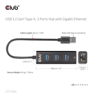 CLUB3D USB 3.2 Gen1 Type-A, 3 Ports Hub with Gigabit Ethernet