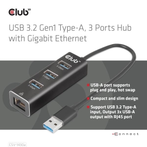 CLUB3D USB 3.2 Gen1 Type-A, 3 Ports Hub with Gigabit Ethernet