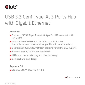 CLUB3D USB 3.2 Gen1 Type-A, 3 Ports Hub with Gigabit Ethernet