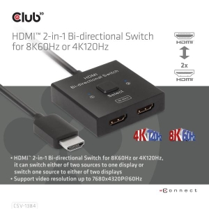 CLUB3D HDMI 2-in-1 Bi-directional Switch for 8K60Hz or 4K120Hz