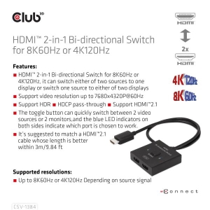 CLUB3D HDMI 2-in-1 Bi-directional Switch for 8K60Hz or 4K120Hz