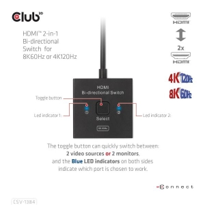 CLUB3D HDMI 2-in-1 Bi-directional Switch for 8K60Hz or 4K120Hz