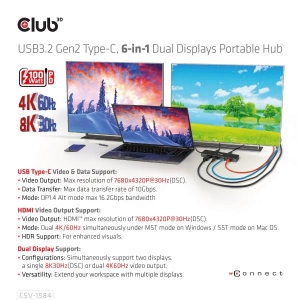 CLUB3D USB3.2 Gen2 Type-C, 6-in-1 Dual Displays Portable Dock with USB Type-C Video 4K60Hz