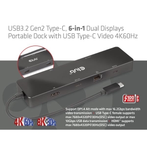 CLUB3D USB3.2 Gen2 Type-C, 6-in-1 Dual Displays Portable Dock with USB Type-C Video 4K60Hz