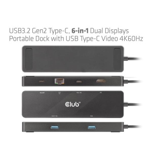 CLUB3D USB3.2 Gen2 Type-C, 6-in-1 Dual Displays Portable Dock with USB Type-C Video 4K60Hz